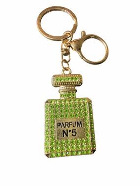 Green Rhinestone Perfume Bottle Purse Charm Keychain Gold Bling NWT